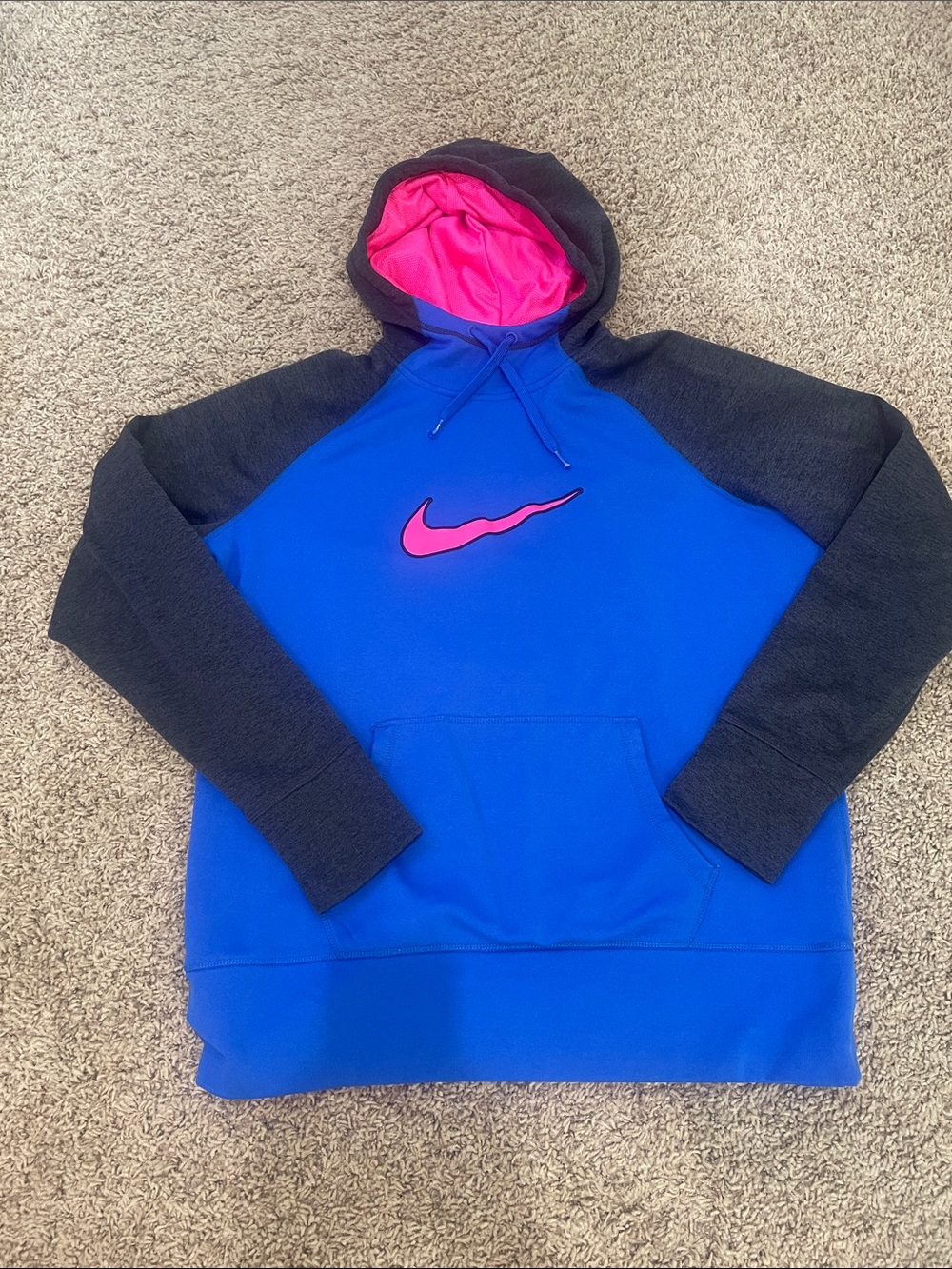 Nike Therma-Fit Blue Hoodie with Pink Swoosh and Dark Gray Sleeves